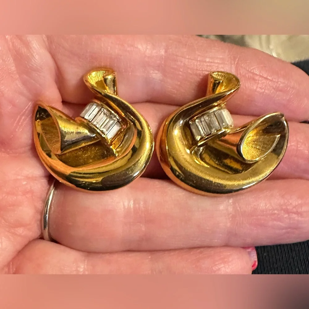 Vintage Givenchy Clip On Earrings Scroll Rhinestones